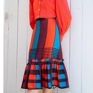 NWT Eva Franco Flounced Hem Midi Skirt Red Blue Plaid Motif Anthropologie